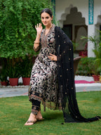 Embroidered & Botanical Printed Anarkali Kurta With Pant & Embroidered Dupatta, Black - Hiral Fashion