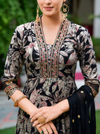 Embroidered & Botanical Printed Anarkali Kurta With Pant & Embroidered Dupatta, Black - Hiral Fashion