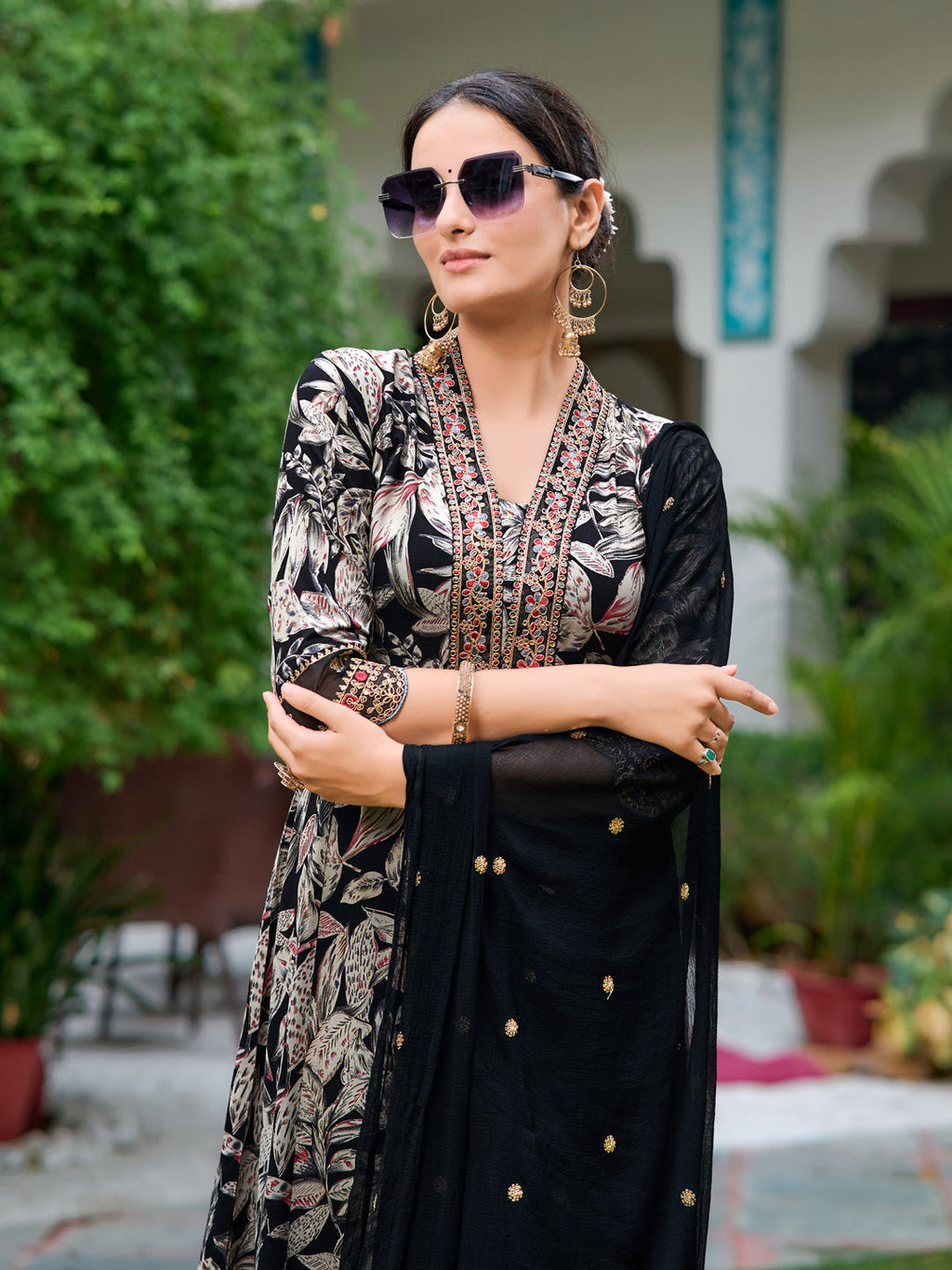 Embroidered & Botanical Printed Anarkali Kurta With Pant & Embroidered Dupatta, Black - Hiral Fashion