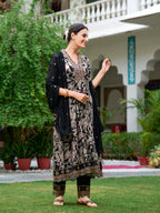 Embroidered & Botanical Printed Anarkali Kurta With Pant & Embroidered Dupatta, Black - Hiral Fashion