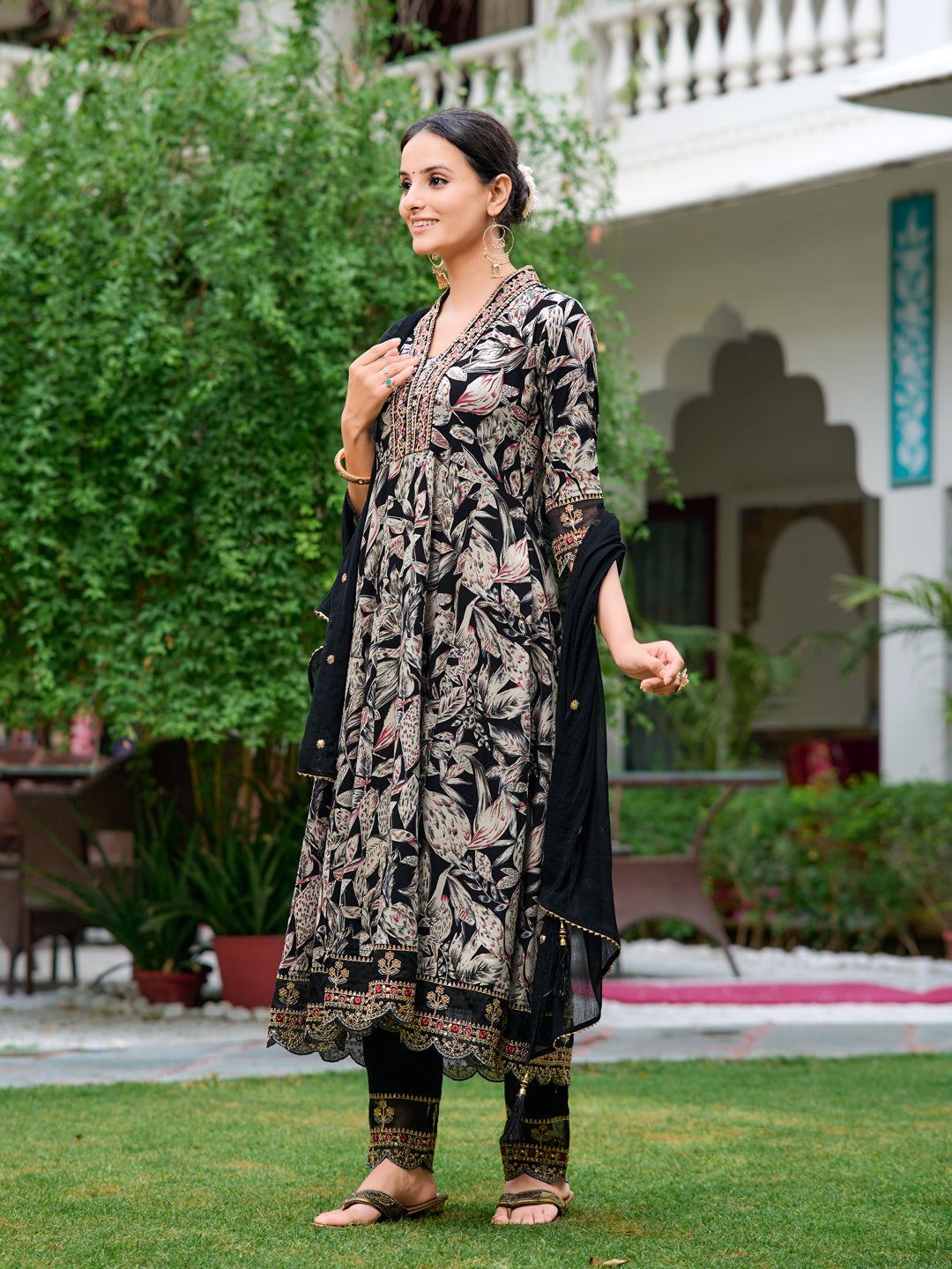 Embroidered & Botanical Printed Anarkali Kurta With Pant & Embroidered Dupatta, Black - Hiral Fashion