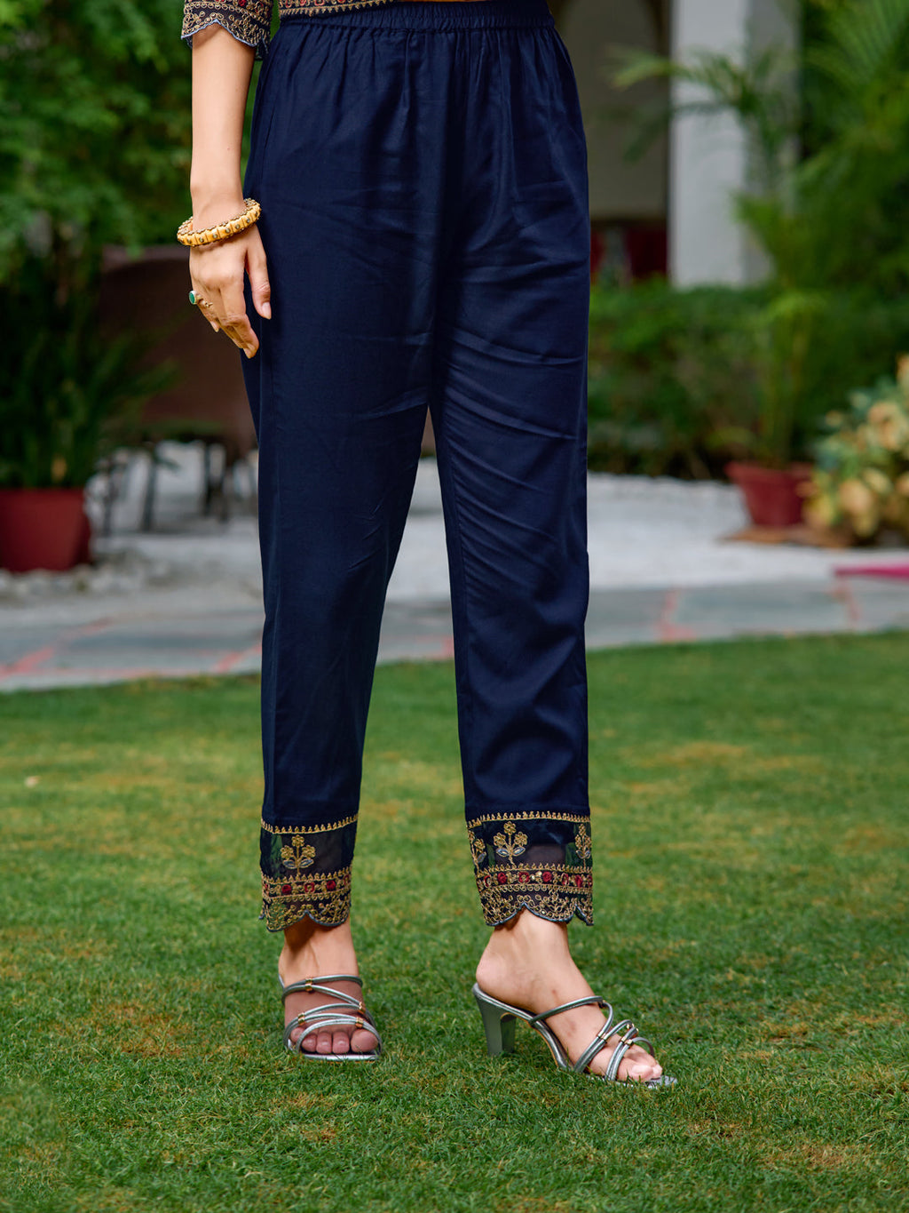 Embroidered & Botanical Printed Anarkali Kurta With Pant & Embroidered Dupatta, Navy Blue - Hiral Fashion