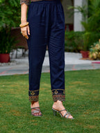 Embroidered & Botanical Printed Anarkali Kurta With Pant & Embroidered Dupatta, Navy Blue - Hiral Fashion