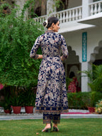 Embroidered & Botanical Printed Anarkali Kurta With Pant & Embroidered Dupatta, Navy Blue - Hiral Fashion