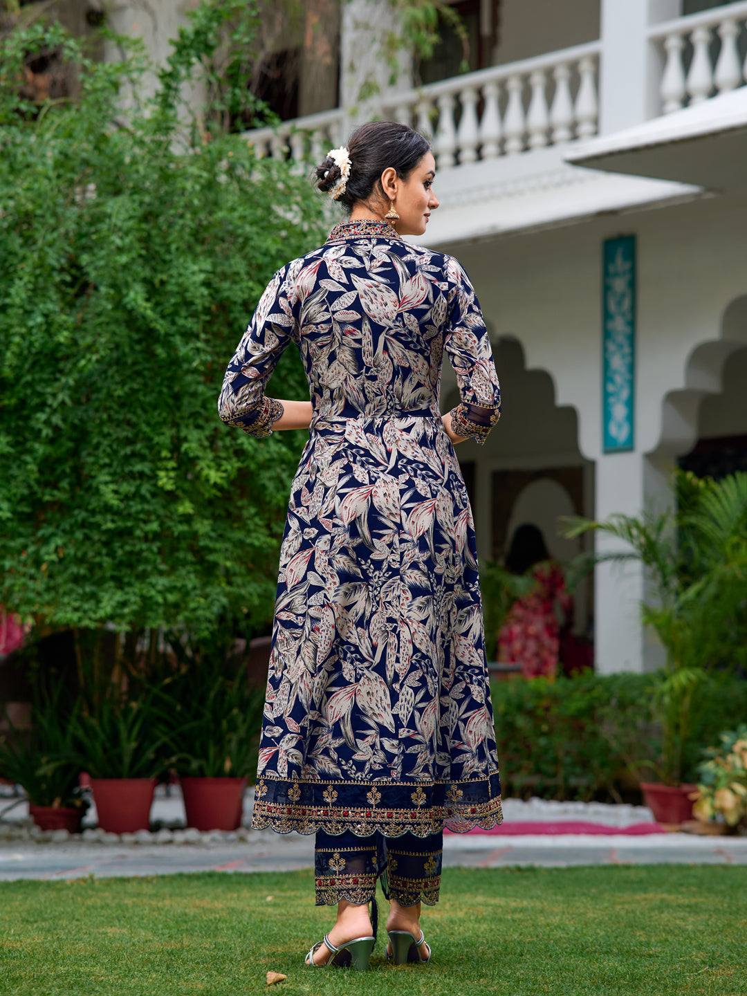Embroidered & Botanical Printed Anarkali Kurta With Pant & Embroidered Dupatta, Navy Blue - Hiral Fashion