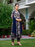 Embroidered & Botanical Printed Anarkali Kurta With Pant & Embroidered Dupatta, Navy Blue - Hiral Fashion