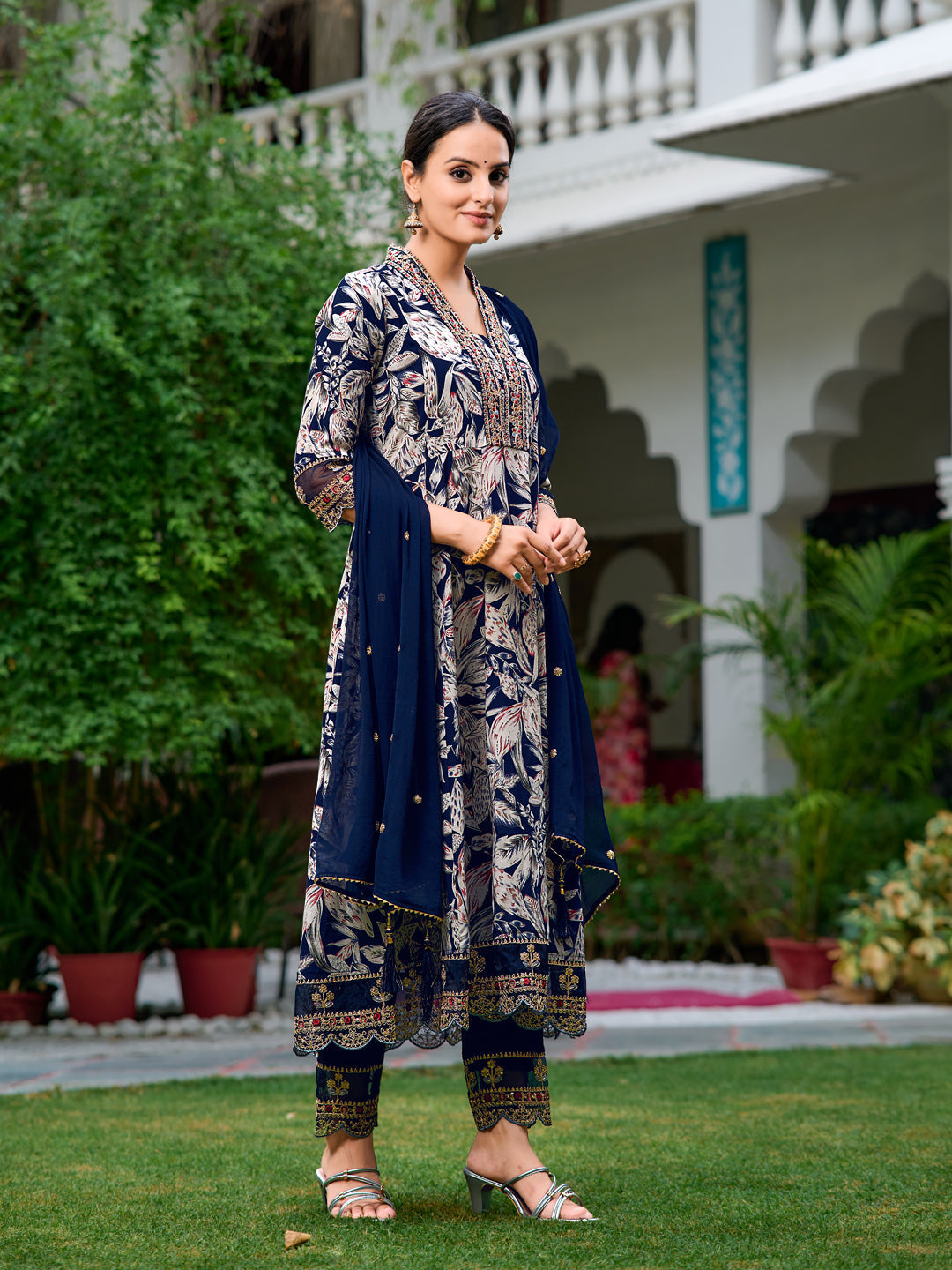 Embroidered & Botanical Printed Anarkali Kurta With Pant & Embroidered Dupatta, Navy Blue - Hiral Fashion