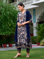 Embroidered & Botanical Printed Anarkali Kurta With Pant & Embroidered Dupatta, Navy Blue - Hiral Fashion