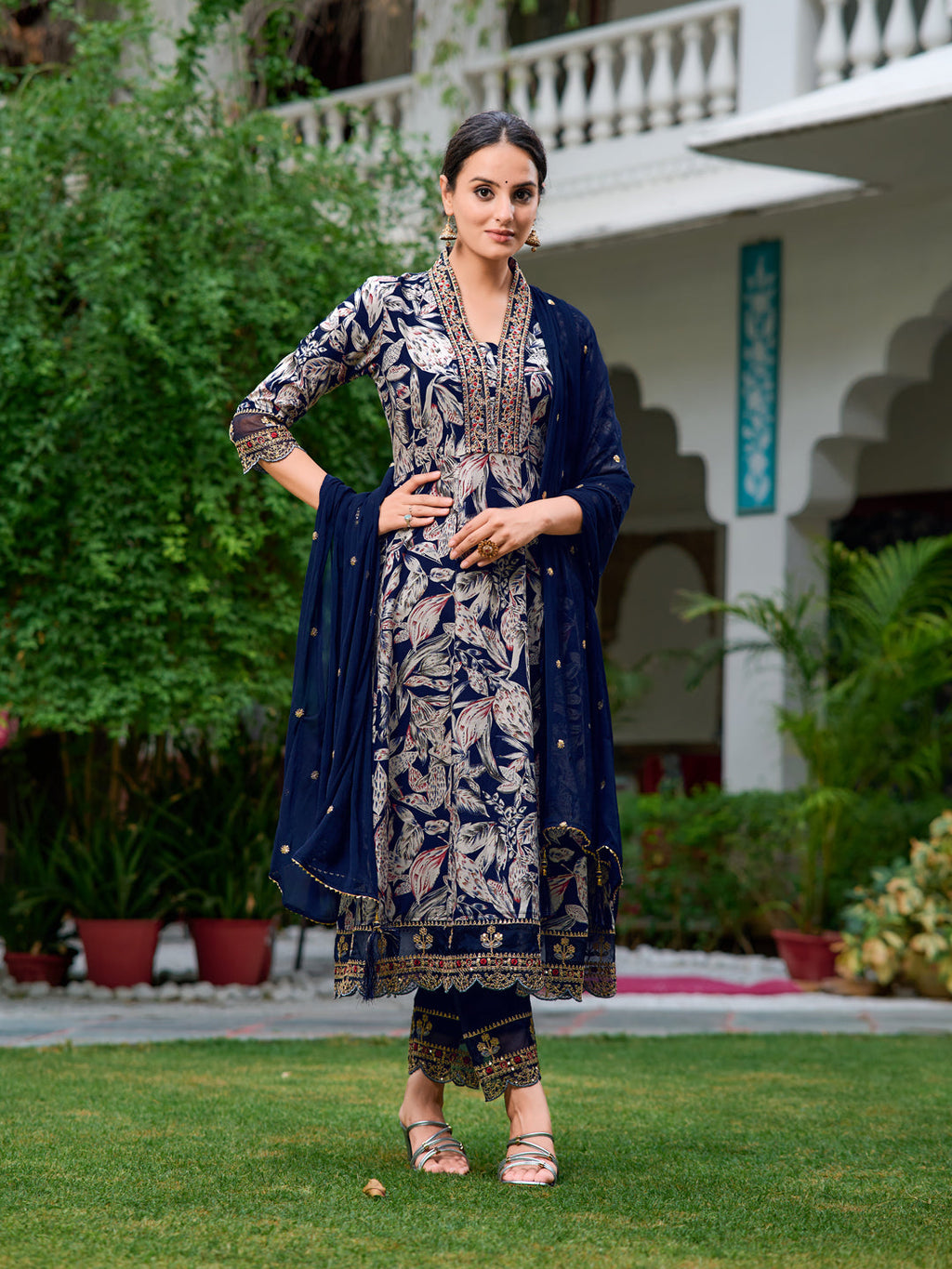Embroidered & Botanical Printed Anarkali Kurta With Pant & Embroidered Dupatta, Navy Blue - Hiral Fashion