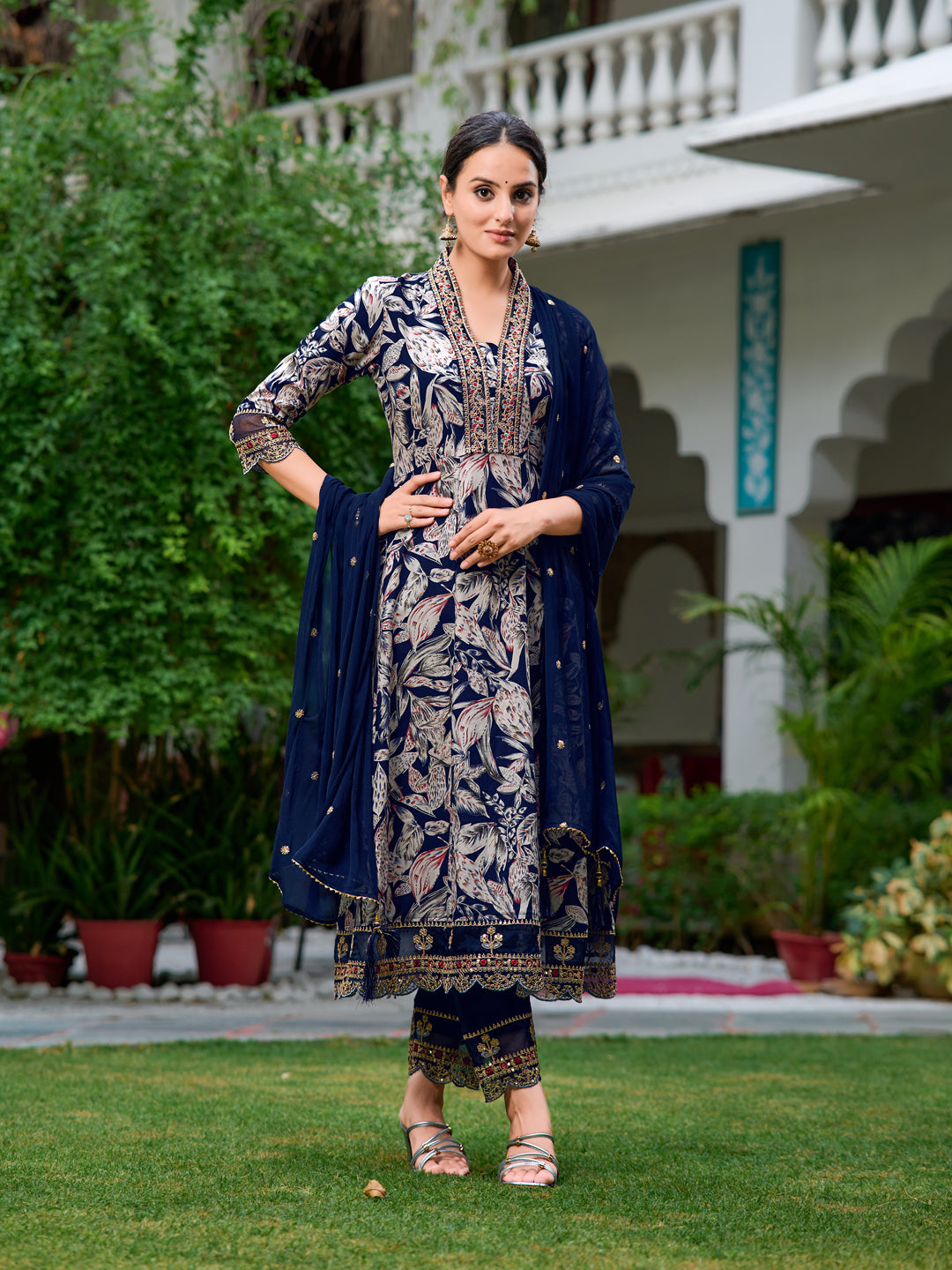 Embroidered & Botanical Printed Anarkali Kurta With Pant & Embroidered Dupatta, Navy Blue - Hiral Fashion