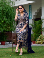 Embroidered & Botanical Printed Anarkali Kurta With Pant & Embroidered Dupatta, Navy Blue - Hiral Fashion