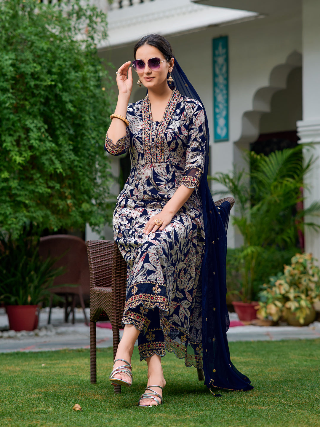 Embroidered & Botanical Printed Anarkali Kurta With Pant & Embroidered Dupatta, Navy Blue - Hiral Fashion