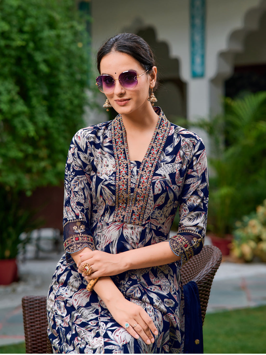 Embroidered & Botanical Printed Anarkali Kurta With Pant & Embroidered Dupatta, Navy Blue - Hiral Fashion