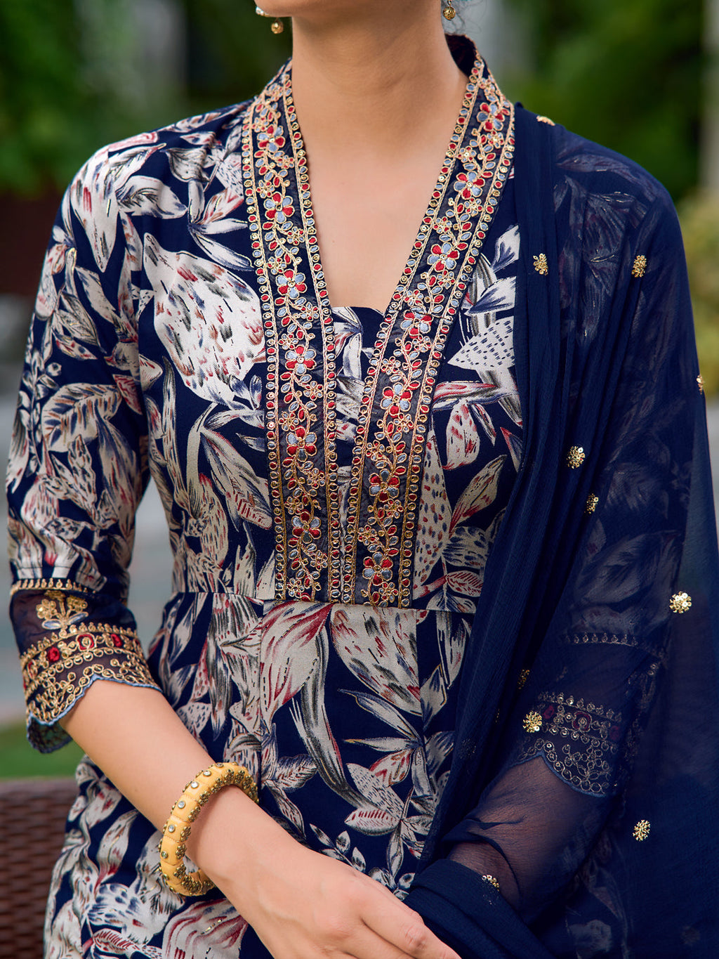 Embroidered & Botanical Printed Anarkali Kurta With Pant & Embroidered Dupatta, Navy Blue - Hiral Fashion
