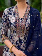 Embroidered & Botanical Printed Anarkali Kurta With Pant & Embroidered Dupatta, Navy Blue - Hiral Fashion