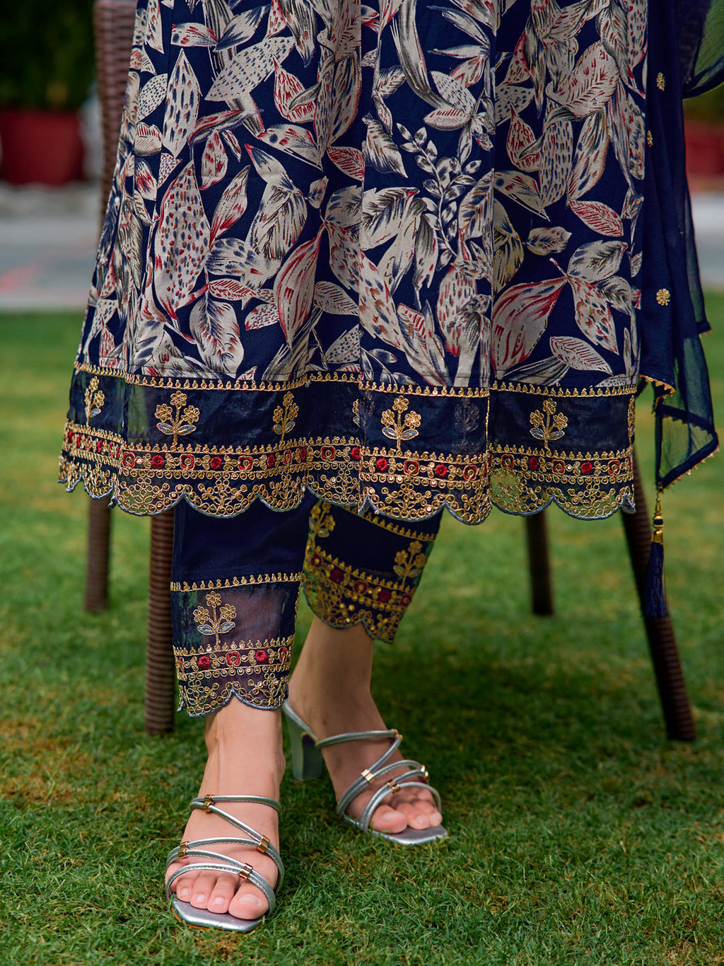 Embroidered & Botanical Printed Anarkali Kurta With Pant & Embroidered Dupatta, Navy Blue - Hiral Fashion