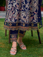 Embroidered & Botanical Printed Anarkali Kurta With Pant & Embroidered Dupatta, Navy Blue - Hiral Fashion