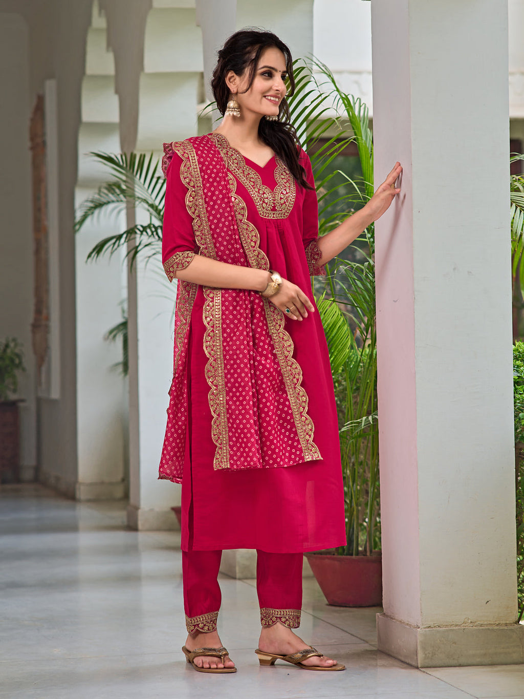 Embroidered Kurta With Pant & Bandhani Printed Embroidered Dupatta, Pink - Hiral Fashion