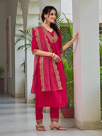 Embroidered Kurta With Pant & Bandhani Printed Embroidered Dupatta, Pink - Hiral Fashion