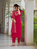 Embroidered Kurta With Pant & Bandhani Printed Embroidered Dupatta, Pink - Hiral Fashion