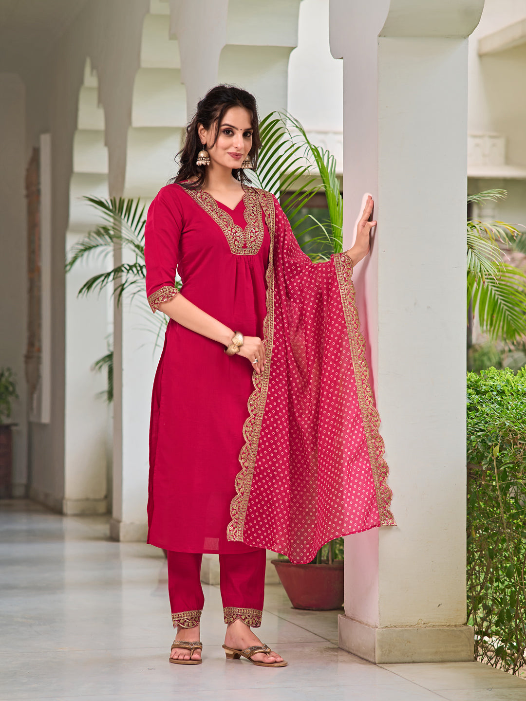 Embroidered Kurta With Pant & Bandhani Printed Embroidered Dupatta, Pink - Hiral Fashion