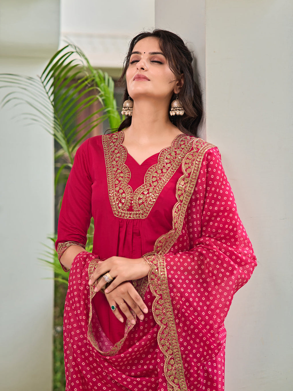 Embroidered Kurta With Pant & Bandhani Printed Embroidered Dupatta, Pink - Hiral Fashion
