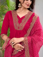 Embroidered Kurta With Pant & Bandhani Printed Embroidered Dupatta, Pink - Hiral Fashion