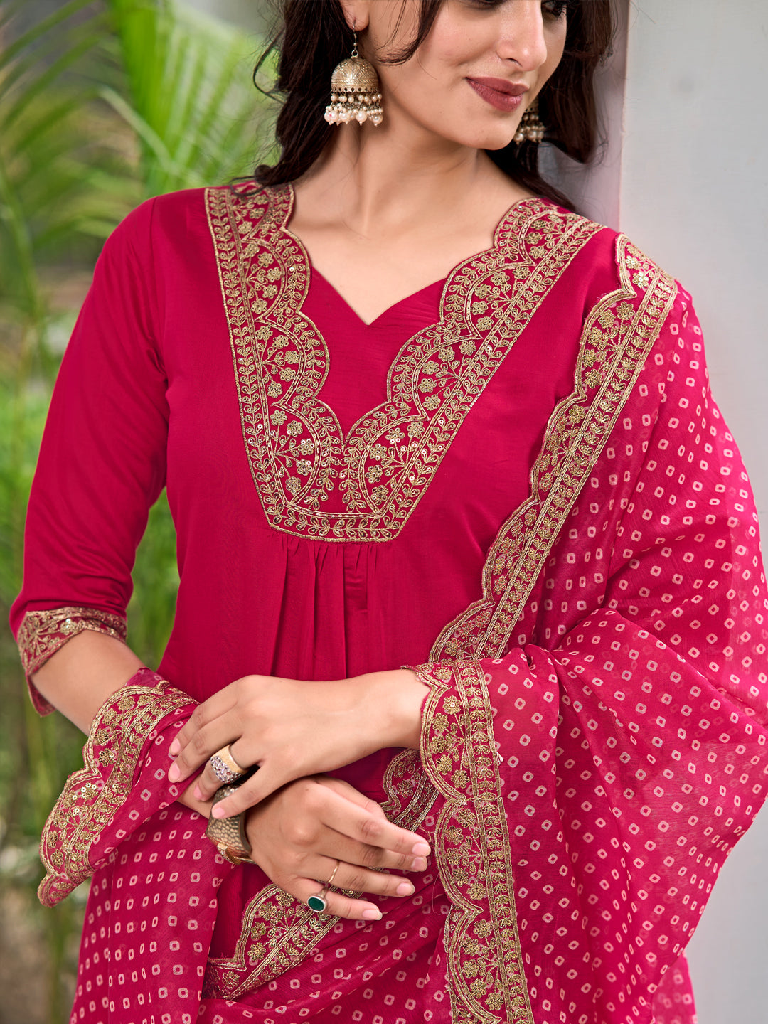 Embroidered Kurta With Pant & Bandhani Printed Embroidered Dupatta, Pink - Hiral Fashion