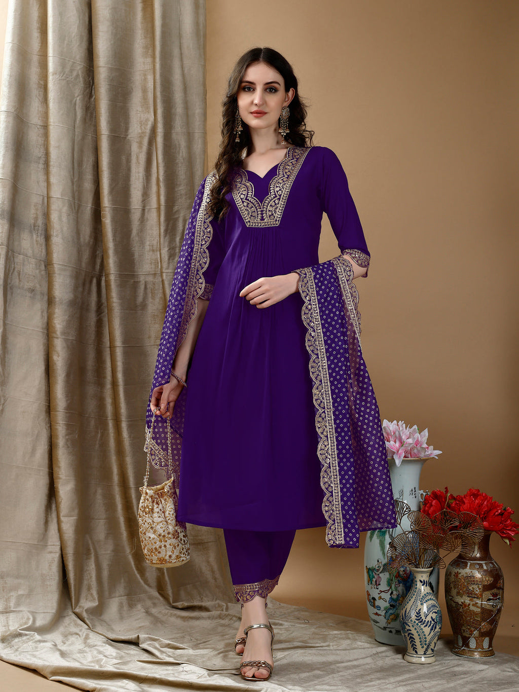 Embroidered Kurta With Pant & Bandhani Printed Embroidered Dupatta, Purple - Hiral Fashion - Distacart