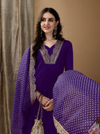 Embroidered Kurta With Pant & Bandhani Printed Embroidered Dupatta, Purple - Hiral Fashion - Distacart