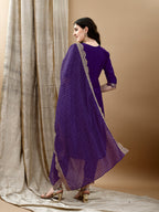 Embroidered Kurta With Pant & Bandhani Printed Embroidered Dupatta, Purple - Hiral Fashion - Distacart