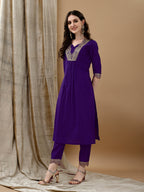 Embroidered Kurta With Pant & Bandhani Printed Embroidered Dupatta, Purple - Hiral Fashion - Distacart