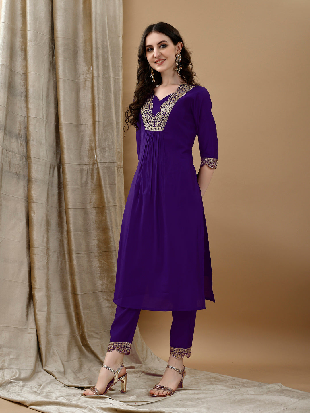 Embroidered Kurta With Pant & Bandhani Printed Embroidered Dupatta, Purple - Hiral Fashion - Distacart