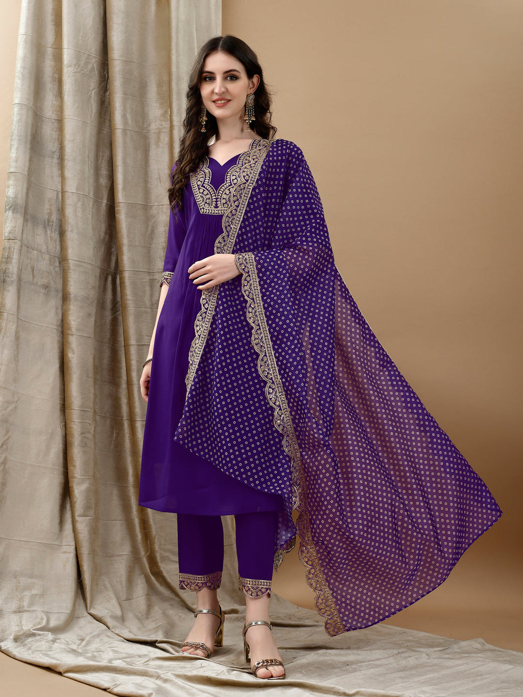 Embroidered Kurta With Pant & Bandhani Printed Embroidered Dupatta, Purple - Hiral Fashion - Distacart