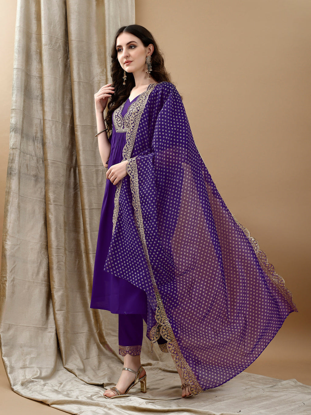 Embroidered Kurta With Pant & Bandhani Printed Embroidered Dupatta, Purple - Hiral Fashion - Distacart