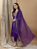 Embroidered Kurta With Pant & Bandhani Printed Embroidered Dupatta, Purple - Hiral Fashion - Distacart