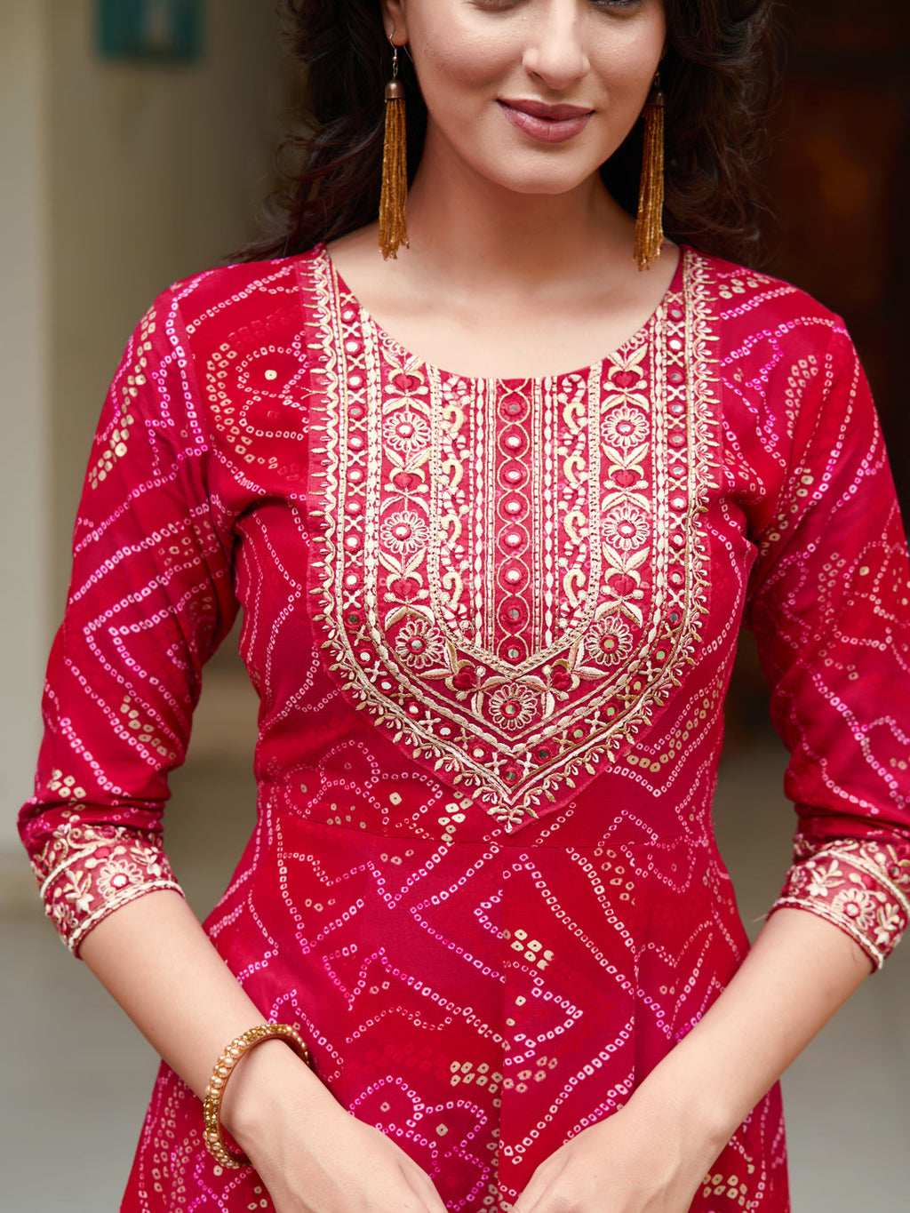 Embroidered & Bandhani Printed Flared Kurta With Pant & Printed Dupatta, Rani - Hiral Fashion - Distacart