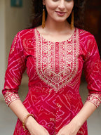 Embroidered & Bandhani Printed Flared Kurta With Pant & Printed Dupatta, Rani - Hiral Fashion - Distacart