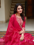 Embroidered & Bandhani Printed Flared Kurta With Pant & Printed Dupatta, Rani - Hiral Fashion - Distacart