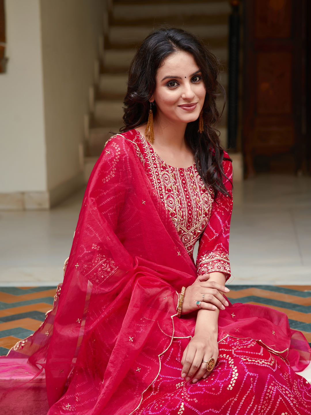 Embroidered & Bandhani Printed Flared Kurta With Pant & Printed Dupatta, Rani - Hiral Fashion - Distacart