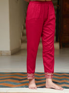 Embroidered & Bandhani Printed Flared Kurta With Pant & Printed Dupatta, Rani - Hiral Fashion - Distacart