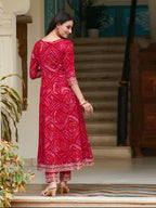 Embroidered & Bandhani Printed Flared Kurta With Pant & Printed Dupatta, Rani - Hiral Fashion - Distacart