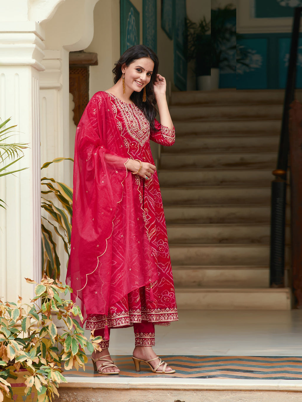 Embroidered & Bandhani Printed Flared Kurta With Pant & Printed Dupatta, Rani - Hiral Fashion - Distacart