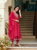 Embroidered & Bandhani Printed Flared Kurta With Pant & Printed Dupatta, Rani - Hiral Fashion - Distacart