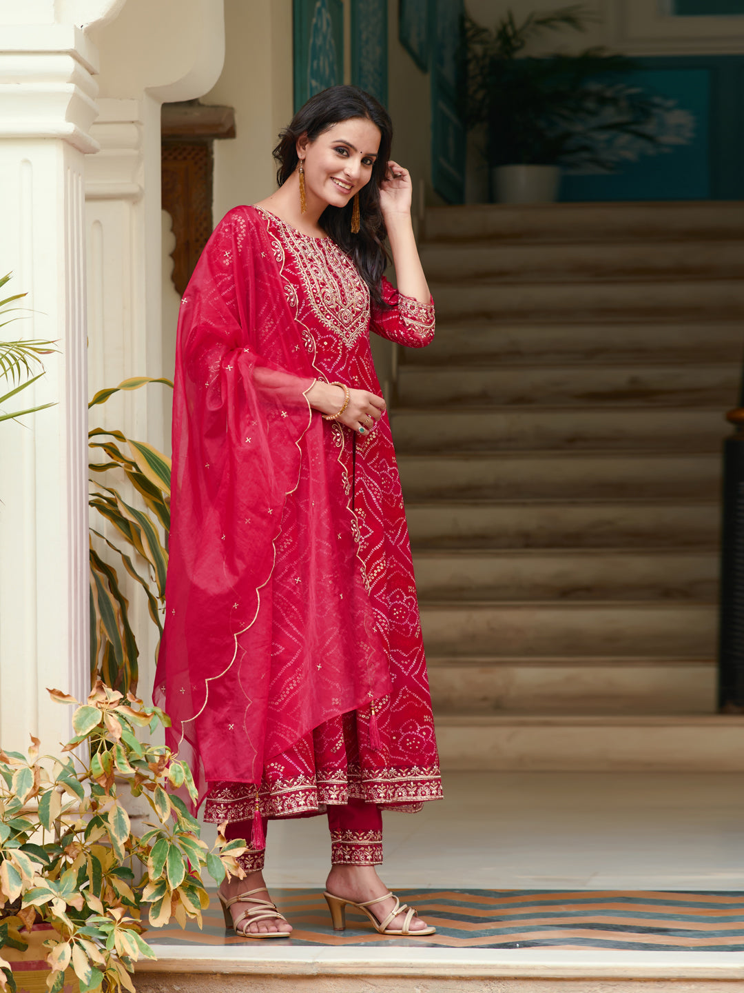 Embroidered & Bandhani Printed Flared Kurta With Pant & Printed Dupatta, Rani - Hiral Fashion - Distacart