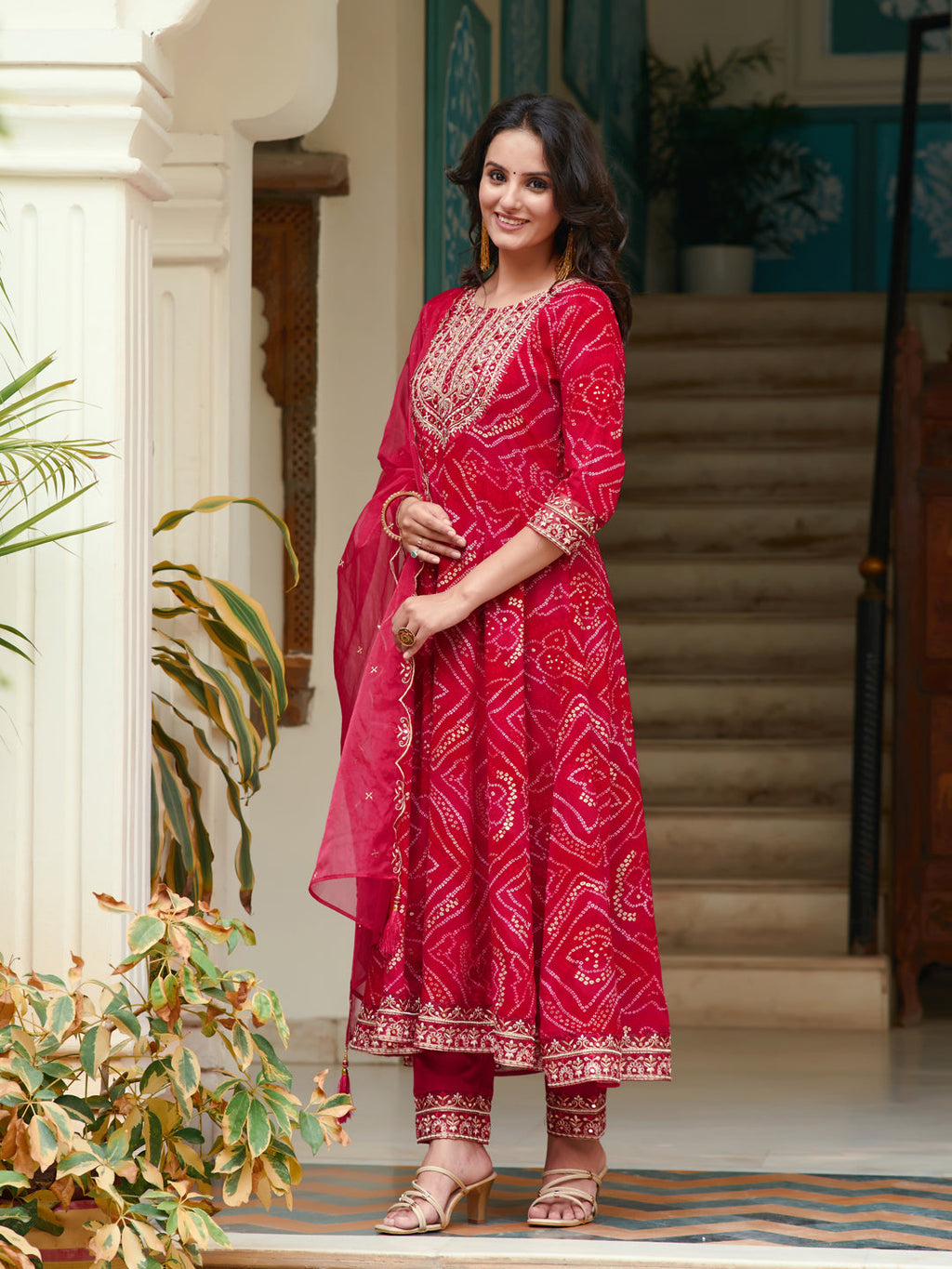 Embroidered & Bandhani Printed Flared Kurta With Pant & Printed Dupatta, Rani - Hiral Fashion - Distacart