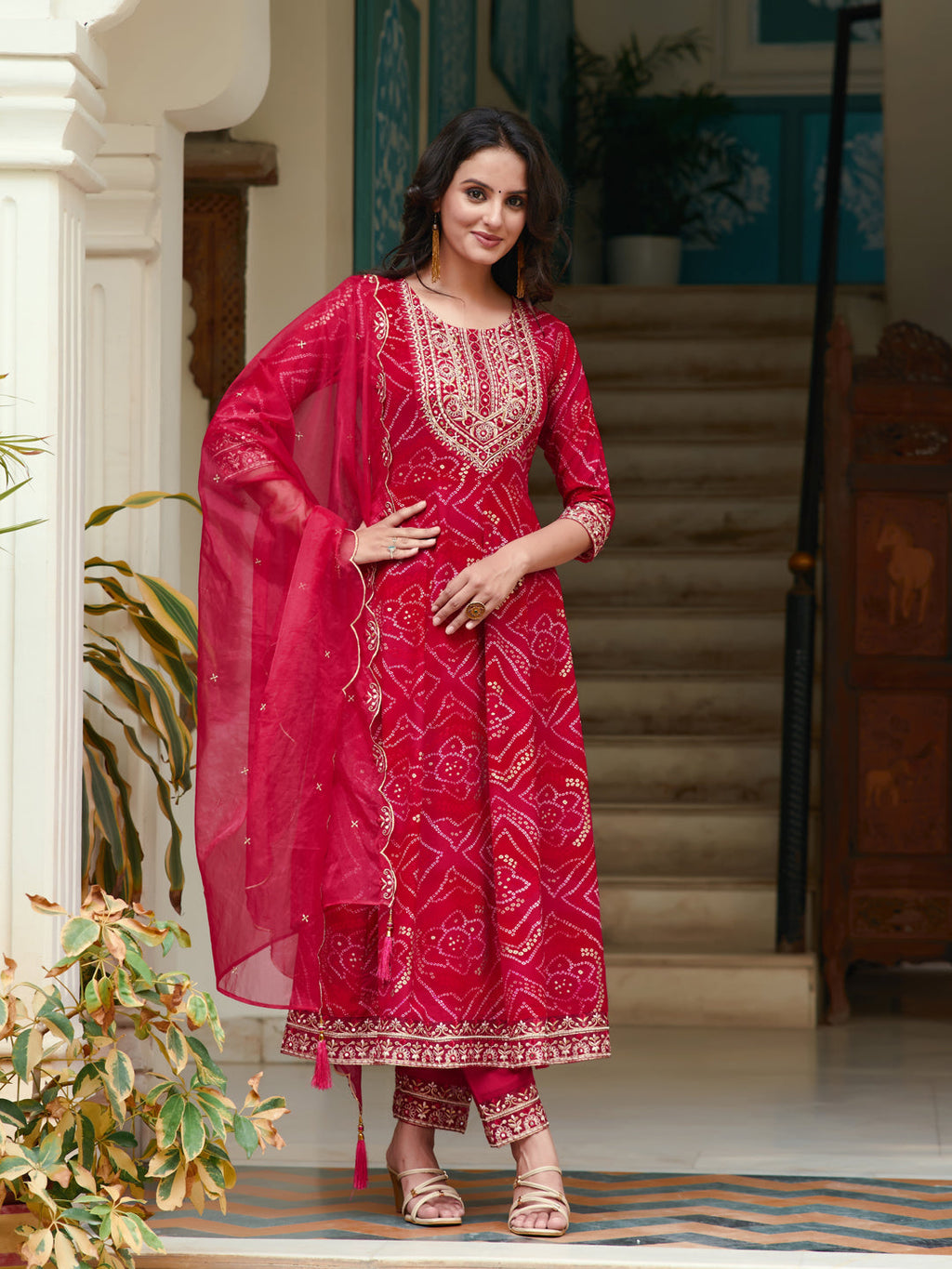 Embroidered & Bandhani Printed Flared Kurta With Pant & Printed Dupatta, Rani - Hiral Fashion - Distacart