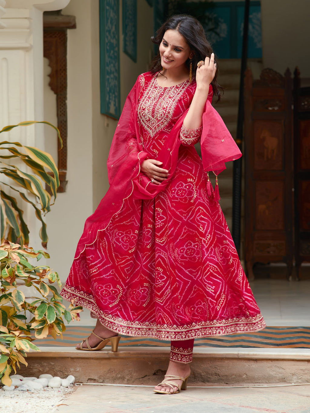 Embroidered & Bandhani Printed Flared Kurta With Pant & Printed Dupatta, Rani - Hiral Fashion - Distacart