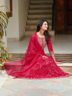 Embroidered & Bandhani Printed Flared Kurta With Pant & Printed Dupatta, Rani - Hiral Fashion - Distacart