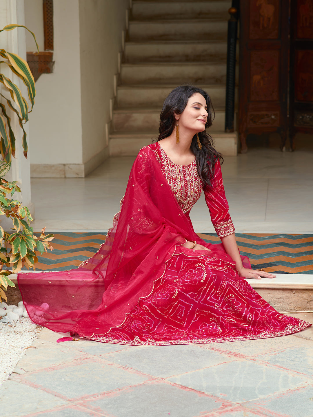 Embroidered & Bandhani Printed Flared Kurta With Pant & Printed Dupatta, Rani - Hiral Fashion - Distacart